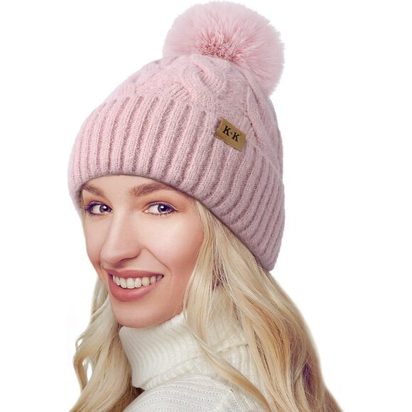 Womens Fleece Lined Knit Winter Hat with Pom Pom Warm Thick Beanie Tuque - Picture 1 of 6